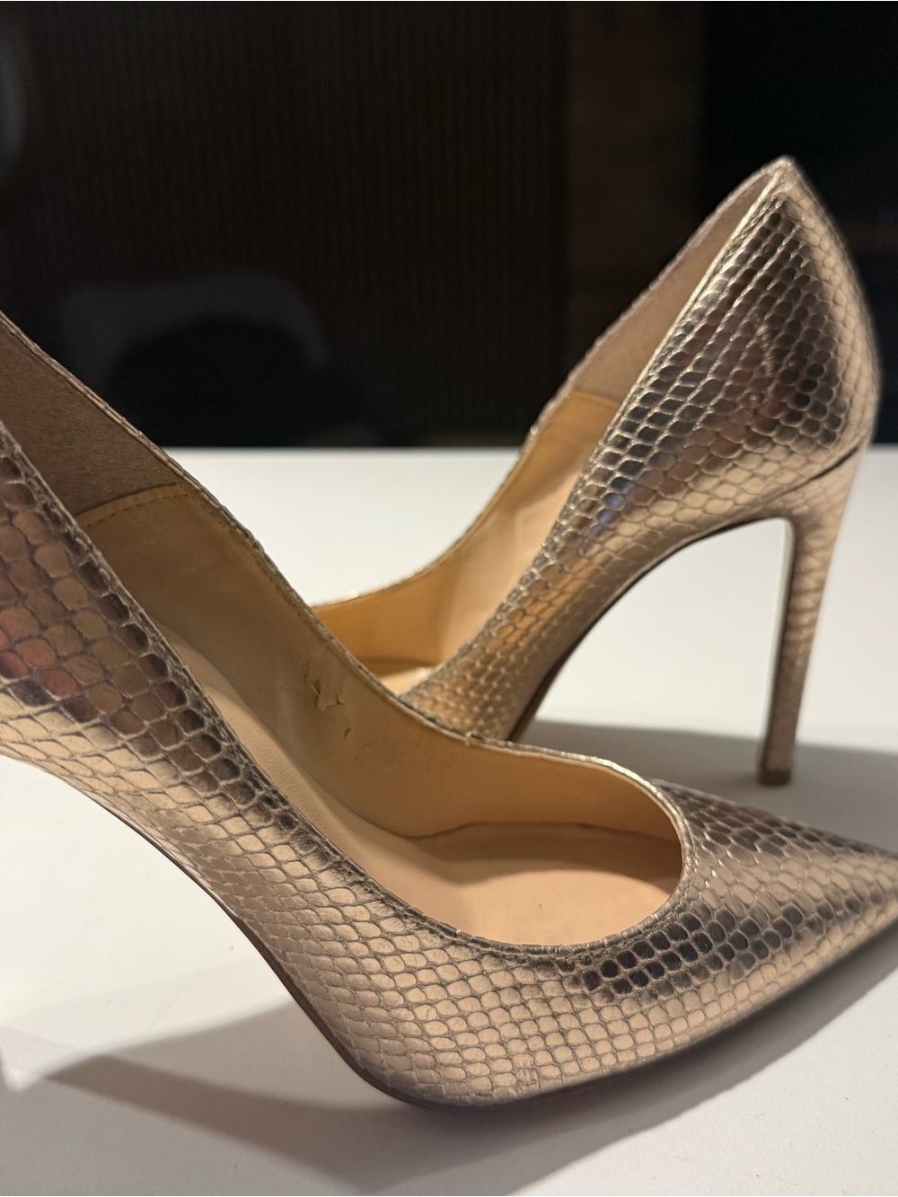 Women's Metallic Rose Gold Snake-Embossed Pointed-Toe Stilettos